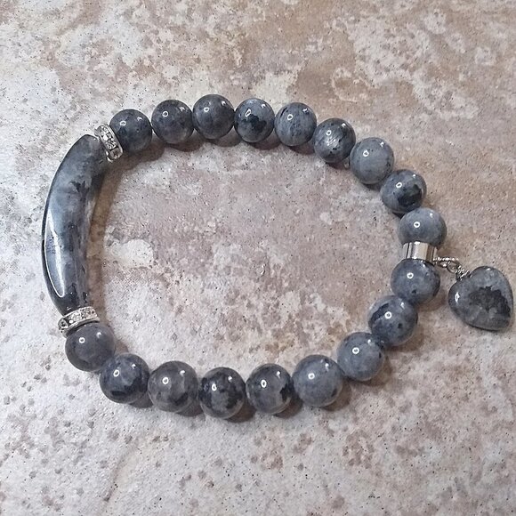 Norwegian Larvikite Bar Bracelet for 7" Wrist = Black, Silver + Grey Labradorite - Picture 2 of 6